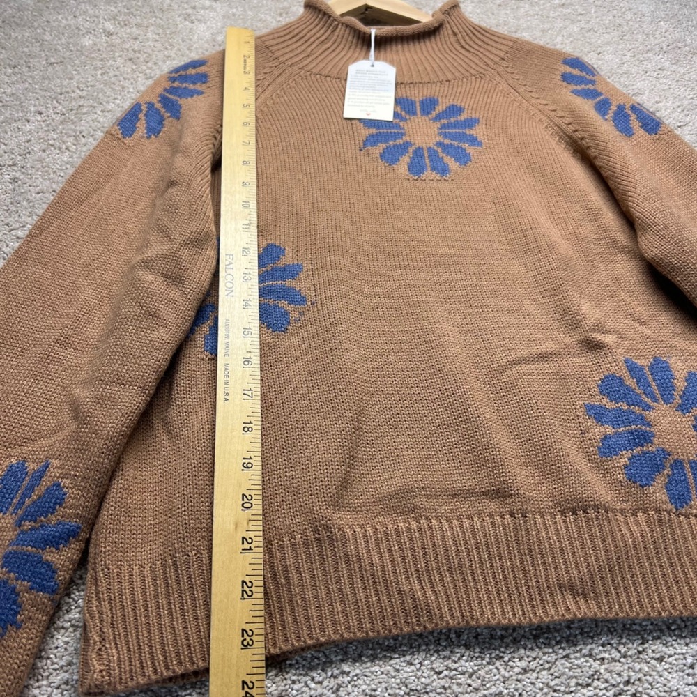 Brown Mock Neck Sweater Blue Floral Print‎ Long Sleeve Knit Boho Cottage Size S - Picture 7 of 10
